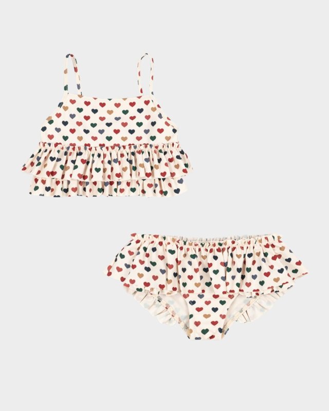 Girl's Manuca Heart-Print Frill Bikini, Size 18M-10